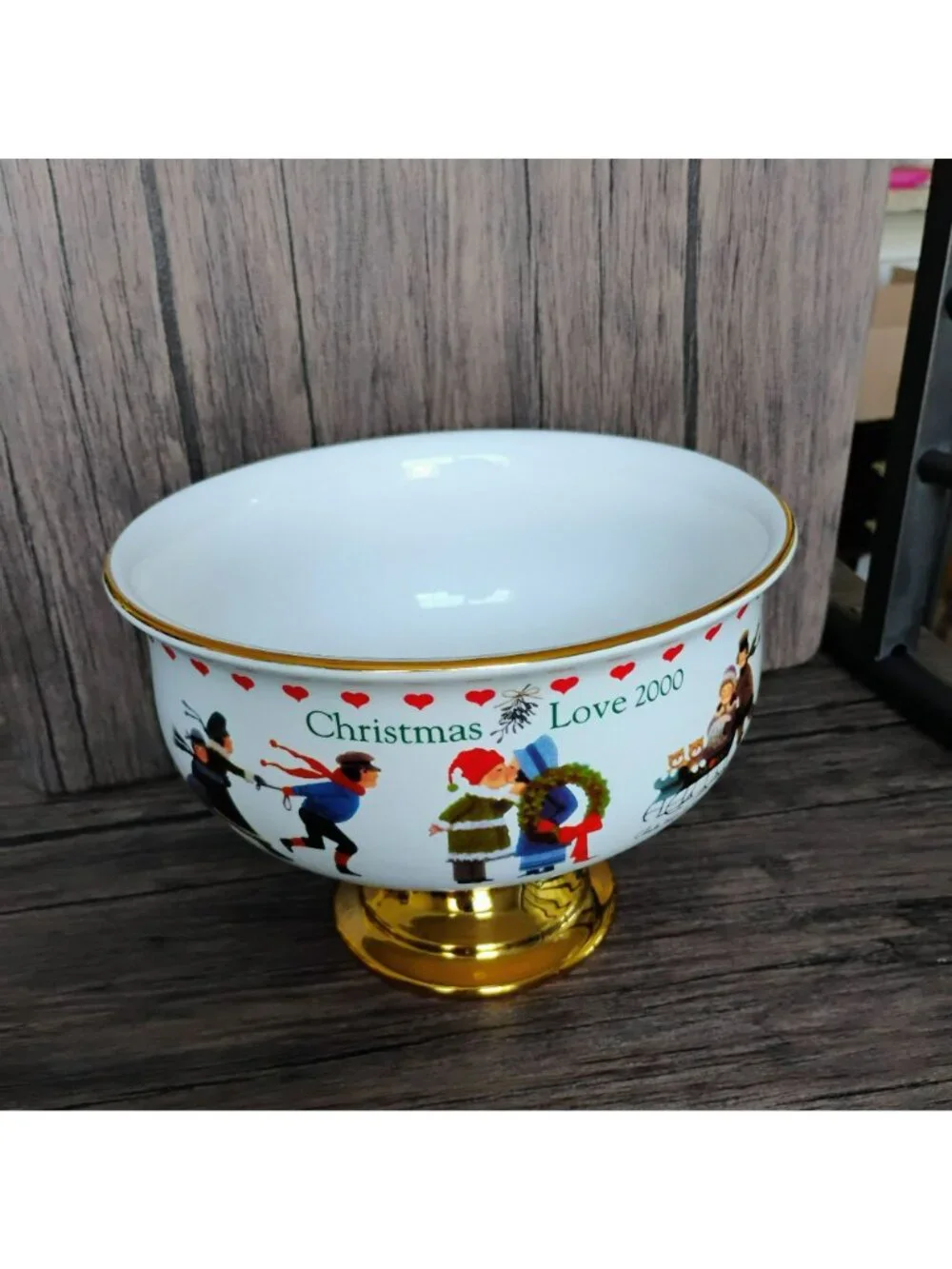 Vintage Teleflora Charles Wysocki Christmas Bowl Love 2000 Pedestal Gold Trim 8
